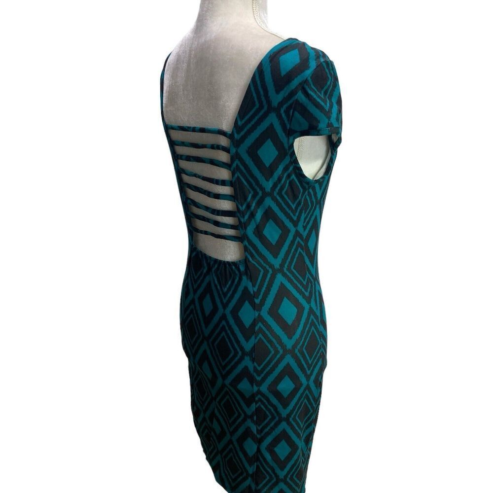 NWT Charlotte Russe Dress L Sexy Teal‎ Black Diamond Pattern Stretch String Back